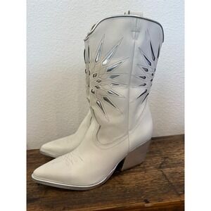 Golo Women Sun Inlay White Leather Western Boots Silver Starburst Pointed Toe 8